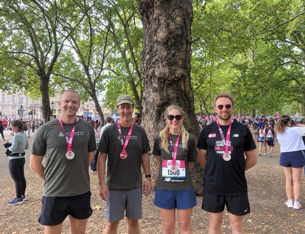 Ella, Callum, James and Johnny after completing the Vitality London 10K for Macmillan Cancer Support